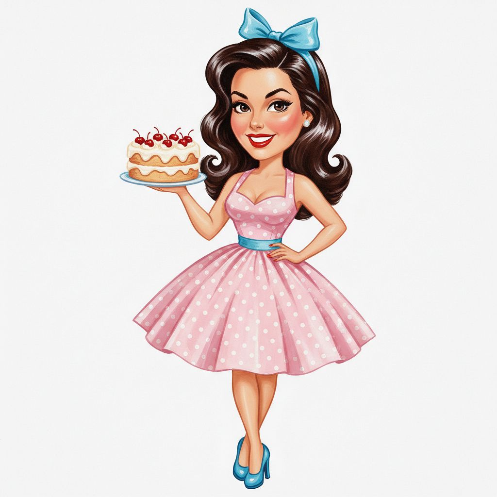 cute caricature glossy acrylic oil, mary engelbreit, full body view, Pin-up illustration of a woman embodying a retro 1950s aesthetic. She has shiny, dark brown hair styled in gentle waves and adorned with a light blue bow. The figure poses playfully with one hand on his hip and the other holding a freshly baked cake, garnished with cherries. She wears a cute sleeveless polka dot dress with a sweetheart neckline, a fitted bodice, and a flared skirt in pastel pink and white. The dress has a turquoise waistband that accentuates her figure. Her legs are elegantly positioned and show off her blue high-heeled shoes..oil painting, white background