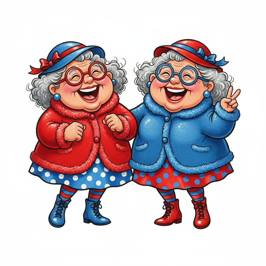 cute caricture glossy, mary engelbreit, full body view, playful cartoon illustration with a cheerful aesthetic of two older women, distinguished by their round faces, bright red cheeks, wrinkles and curly grey hair, standing together and laughing joyfully. The woman on the left wears a blue hat with a red ribbon, large red round glasses with blue lenses, a fluffy red coat, a blue dress with white dots, red and blue striped tights and blue lace-up boots, with her right hand slightly clenched. The woman on the right wears a red hat with a blue ribbon, large blue round glasses with red lenses, a fluffy blue coat, a red dress with blue dots, red and blue striped tights and red lace-up boots and holds up a peace sign with her right hand. Both laugh out loud . Rendering in Native 4K.. oil painting, white background,