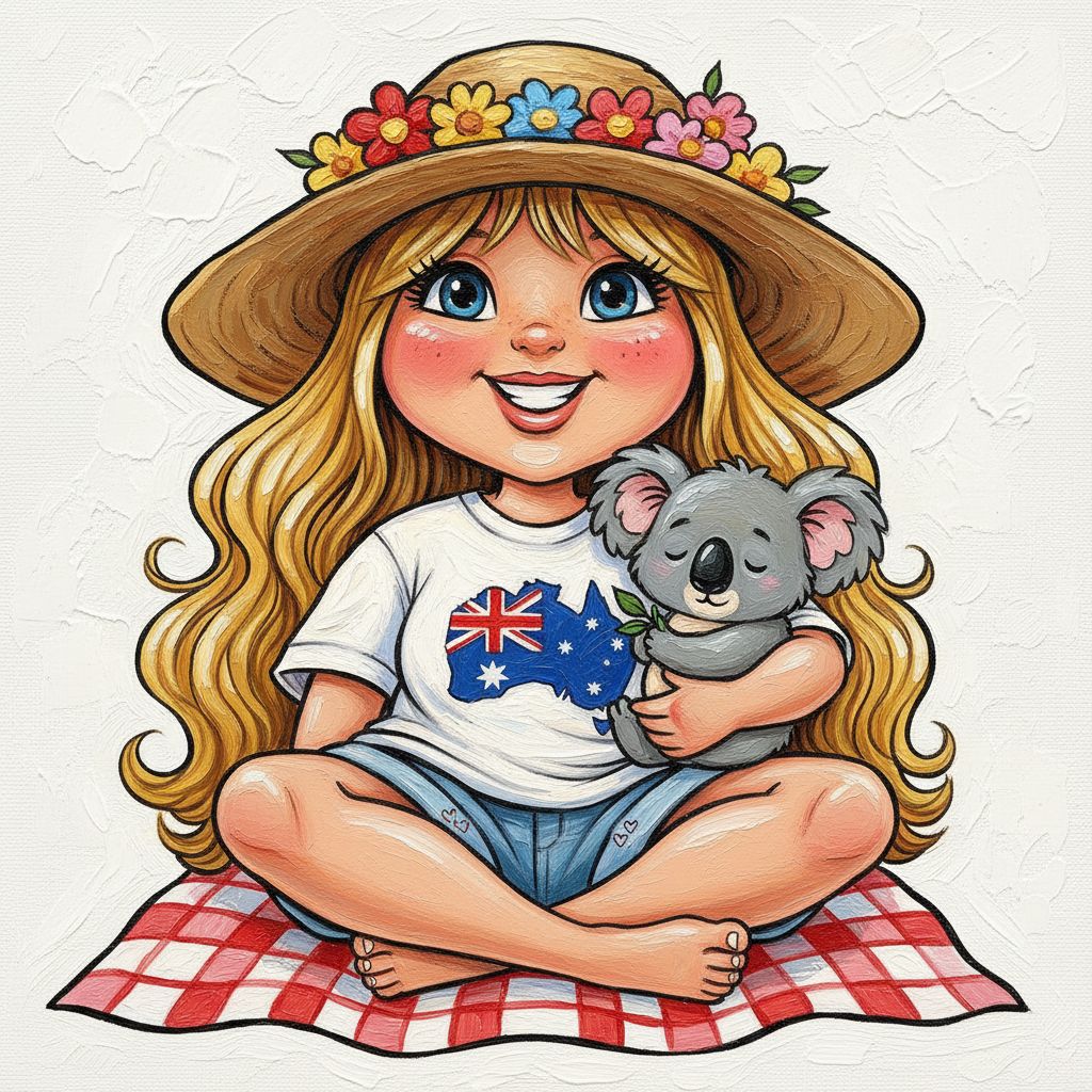cute caricature glossy acrylic oil, mary engelbreit full body view, A young woman with long, wavy blonde hair, wearing a light brown wide-brimmed hat, a white T-shirt with the Australian flag and map, and light blue denim shorts, sits cross-legged. She smiles brightly and holds a small koala in her hand, oil painting, white background