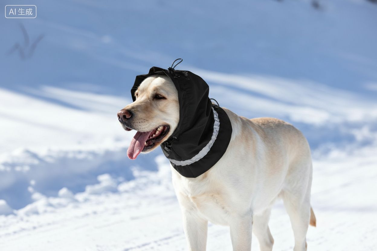 一只拉布拉多犬站在雪地上，它佩戴着一个黑色的防护头套。头套覆盖狗狗的头部与颈部，狗狗嘴巴张开、舌头外露，呈现出放松的状态。