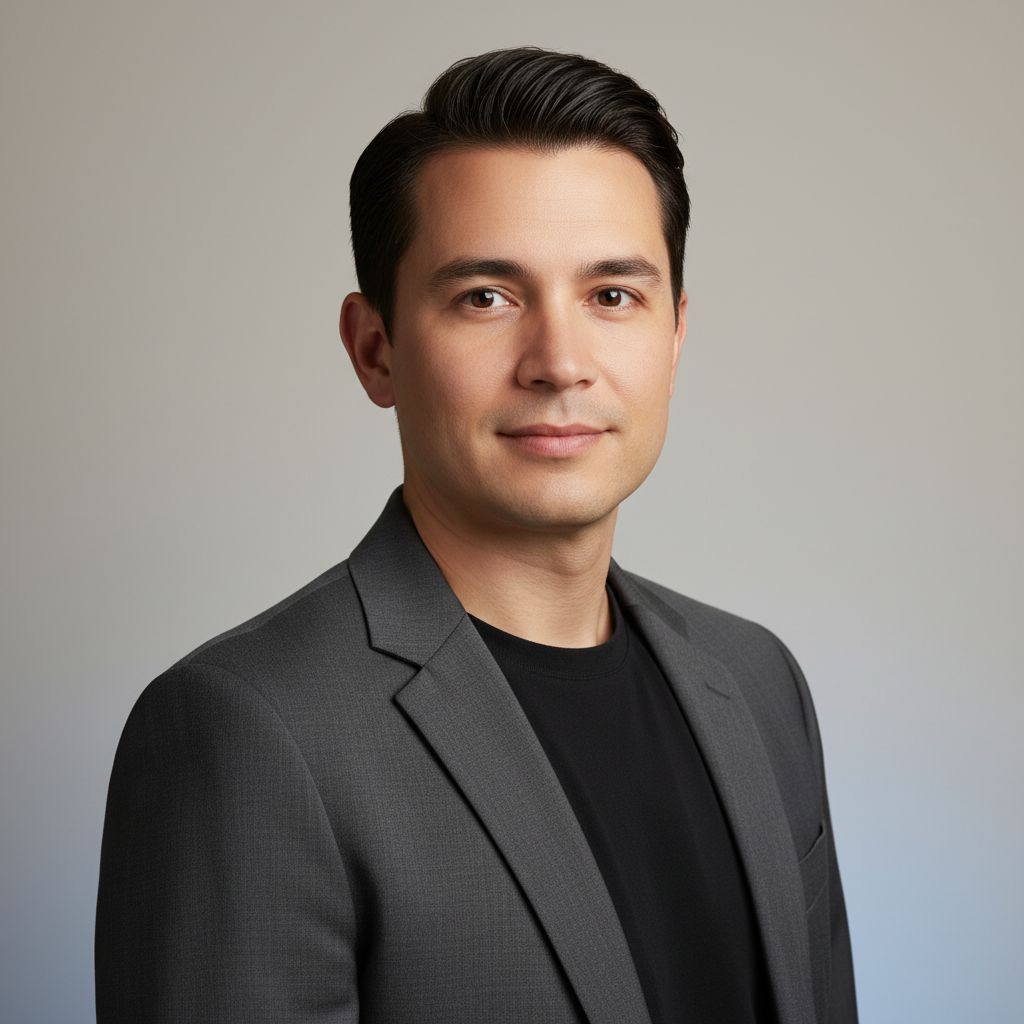 将上传的照片转换成高端专业的彩色商务头像。保持人物面部和身份的完全一致。拍摄对象身着高档黑色打底T恤和深灰色西装外套，干净、优雅、正式，无任何标识或图案。使用柔和的摄影棚灯光自然地凸显面部特征，确保肤色真实、清晰度高。背景应采用中性色调(浅灰色、米色或柔和的蓝色)的平滑渐变，简约而不失分心。采用精致的企业摄影风格，细节清晰，景深自然，营造现代专业的氛围。构图应为头肩照，正面或略微转身，表情自信而平易近人。无文字、无标识、无水印，无干扰物。