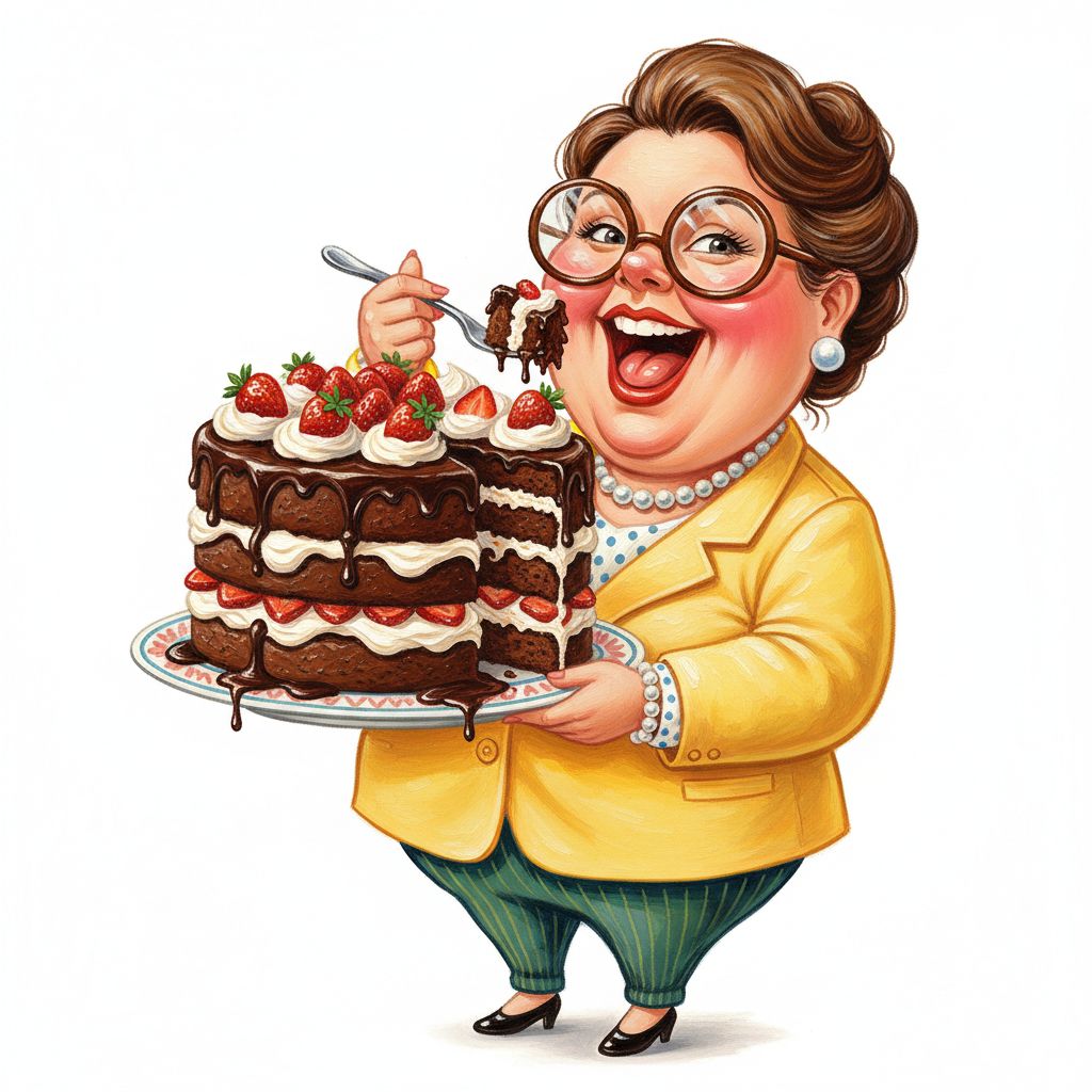 cute caricature glossy acrylic oil, mary engelbreit, full body view Woman who enthusiastically wants to eat a large, multi-layered chocolate cake. The woman, wearing a yellow blazer, glasses and a pearl necklace, has her mouth wide open as a fork with cake approaches. The cake is decorated with cream, strawberries and chocolate coating and is held on a plate by two hands. . Render in Native 4 K. oil painting, white background