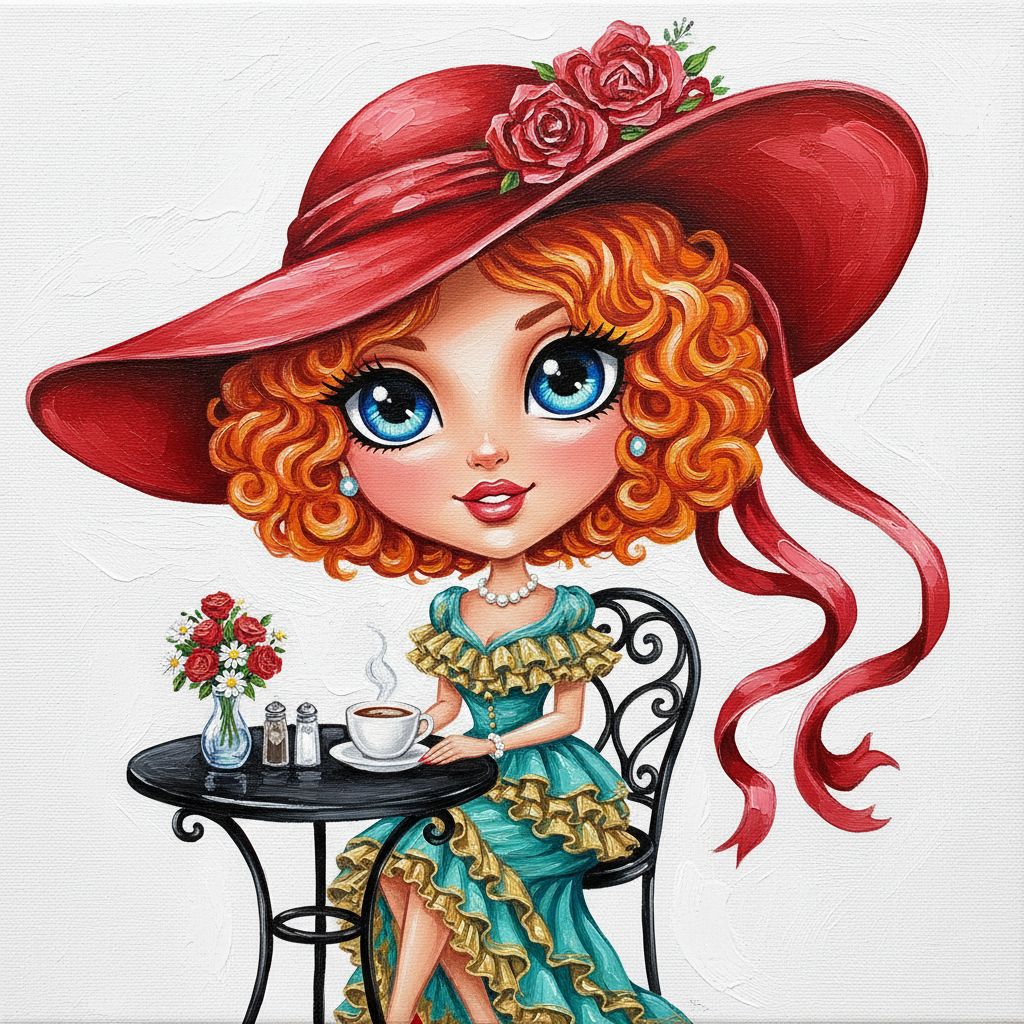cute caricature glossy acrylic oil, chibiA glamorous cartoon woman with bright blue eyes, a large red hat with a flowing ribbon, and bright orange curly hair. She sits at a small outdoor café table with a cup of coffee, a salt and pepper shaker, and a small bouquet of red flowers.Render in Native 4 K.  oil painting, white background