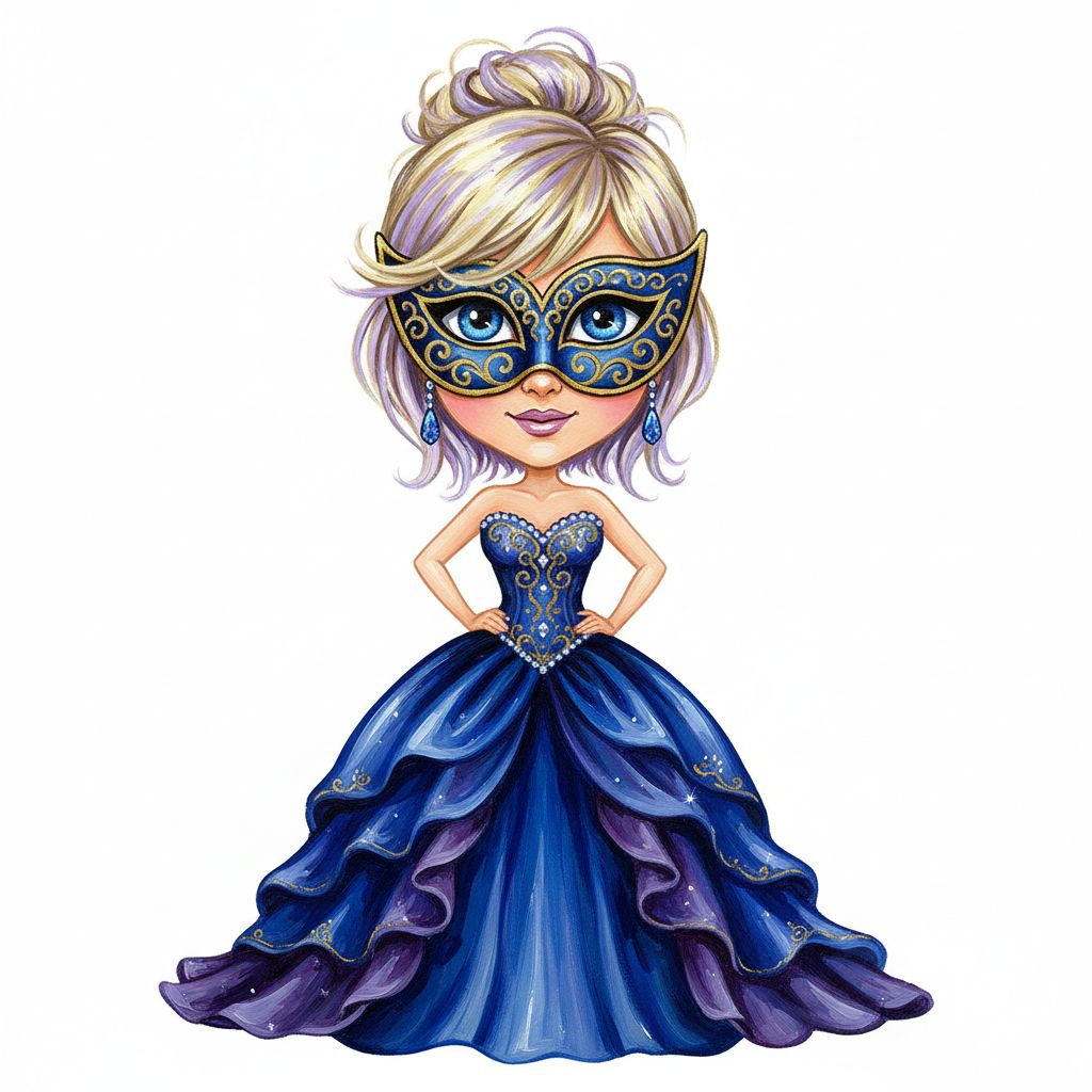 cute caricature glossy acrylic oil, mary engelbreit, full body view, woman has short, layered hair ranging in color from blonde to light purple, styled in a high, slightly messy updo. Her face is framed by an elaborate Venetian-style masquerade mask in dark blue and gold, covering her eyes, and is adorned with dangling teardrop-shaped earrings made of blue gemstone. Her large, bright blue eyes are wide and detailed, conveying a sense of wonder. She wears a glamorous, floor-length dress in shades of royal blue and purple with a fitted, corseted bodice with gold embellishments and a voluminous ruffled skirt. Her arms are slightly outstretched, her hands resting on her hips, giving her a balanced, elegant posture.. .Rendering in Native 4K.. oil painting, white background