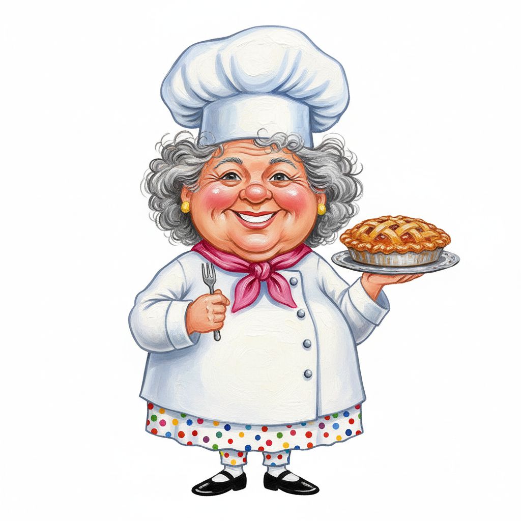 cute caricature glossy acrylic oil, mary engelbreit, full body view cheerful, older cook has curly grey hair and wears a traditional white chef's hat and a white coat decorated with colorful dots at the hem. Her outfit is complemented by a bright pink scarf tied around her neck and simple black shoes. The chef smiles warmly, holding in one hand a golden brown lattice-crusted cake on a silver plate, while the other hand playfully holds a small fork ready to take a bite. oil painting, white background