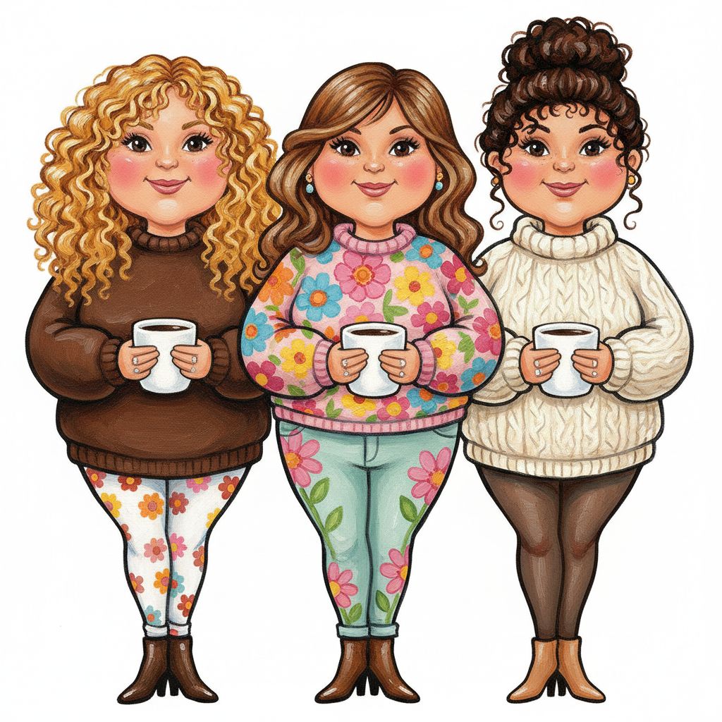 cute caricature glossy acrylic oil, mary engelbreit, full body view  three oversized cartoon-style women posing together and holding white coffee cups. The woman on the left has blonde, voluminous curly hair and is wearing a brown sweater and white leggings with brown ankle boots. The woman in the middle has brown curly hair, wears a floral sweater and light blue-green floral jeans paired with brown ankle boots. The woman on the right has dark brown hair styled into a tall bun and is wearing a cream-colored, chunky knit sweater and dark brown tights with light brown heeled ankle boots. . Rendering in Native 4K.. Oil painting, white background 
