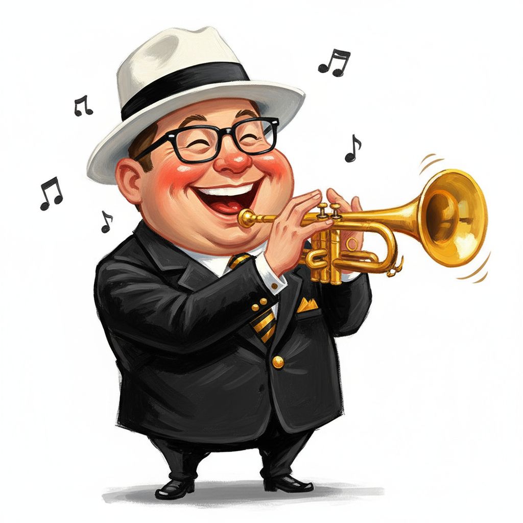 cute caricature A cheerful man in a stylish black suit with gold buttons and a matching striped tie, playing a gold trumpet. He wears a white fedora hat with a black band and black-rimmed glasses. The man has a big smile and his eyes are closed while he enjoys playing the trumpet. His skin tone is light and he is portrayed in a lively, cartoonish style. . oil painting, white background