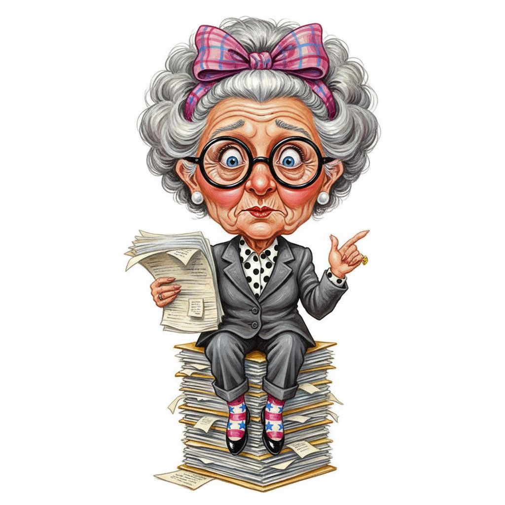 cute caricture glossy, mary engelbreit, full body view, Generate a cartoon illustration of an elderly woman with exaggerated features. She has a large head with prominent wrinkles, wide, surprised blue eyes behind oversized black-rimmed glasses, and a gravity-defying hairstyle of grey curls held up with a pink and purple plaid bow. She is wearing a grey suit with a polka-dot shirt and distinctive socks featuring pink and white stripes with red stars and blue stars. She is sitting on a stack of papers, holding a large sheaf of documents in her right hand and gesturing with her left hand..  Rendering in Native 4K.. oil painting, white background,