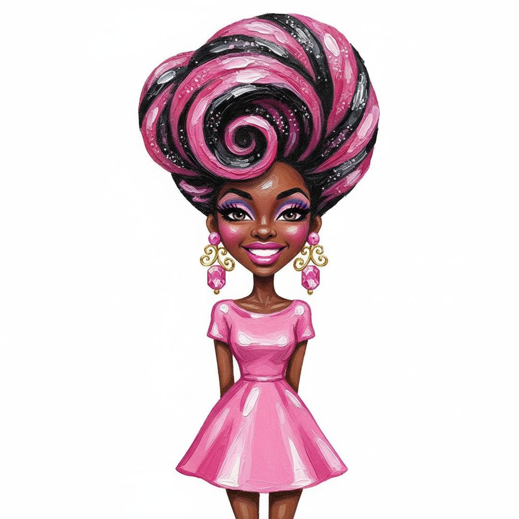cute caricature glossy acrylic oil, mary engelbreit, full body view, A woman with dark skin has an elegant updo with voluminous, glittery pink and black hair, styled into a large, upturned front. Her makeup consists of bold, arched eyebrows, dramatic eye makeup with pink and purple eyeshadow, long eyelashes, and defined eyeliner. She has bright pink lipstick and a subtle highlight on her cheekbones. She wears large, ornate earrings with gold and pink gemstone details and a shiny pink dress with a shiny finish. Rendering in Native 4K. oil painting, white background