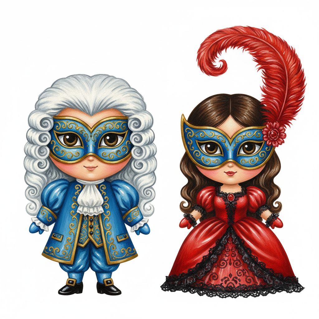 cute caricture glossy, mary engelbreit, chibi Paares in venezianischen Maskeradenkostümen. der mann trägt eine blaue, verzierte Jacke mit aufwendiger Goldstickerei und eine weiße, lockige Perücke, gepaart mit einer blau-goldenen Maske. Die weibliche Figur trägt ein sattes rotes mit schwarzem Spitzenbesatz und eine blaue Maske, die mit einer roten Feder verziert ist..Rendering in Native 4K... oil painting, white background,