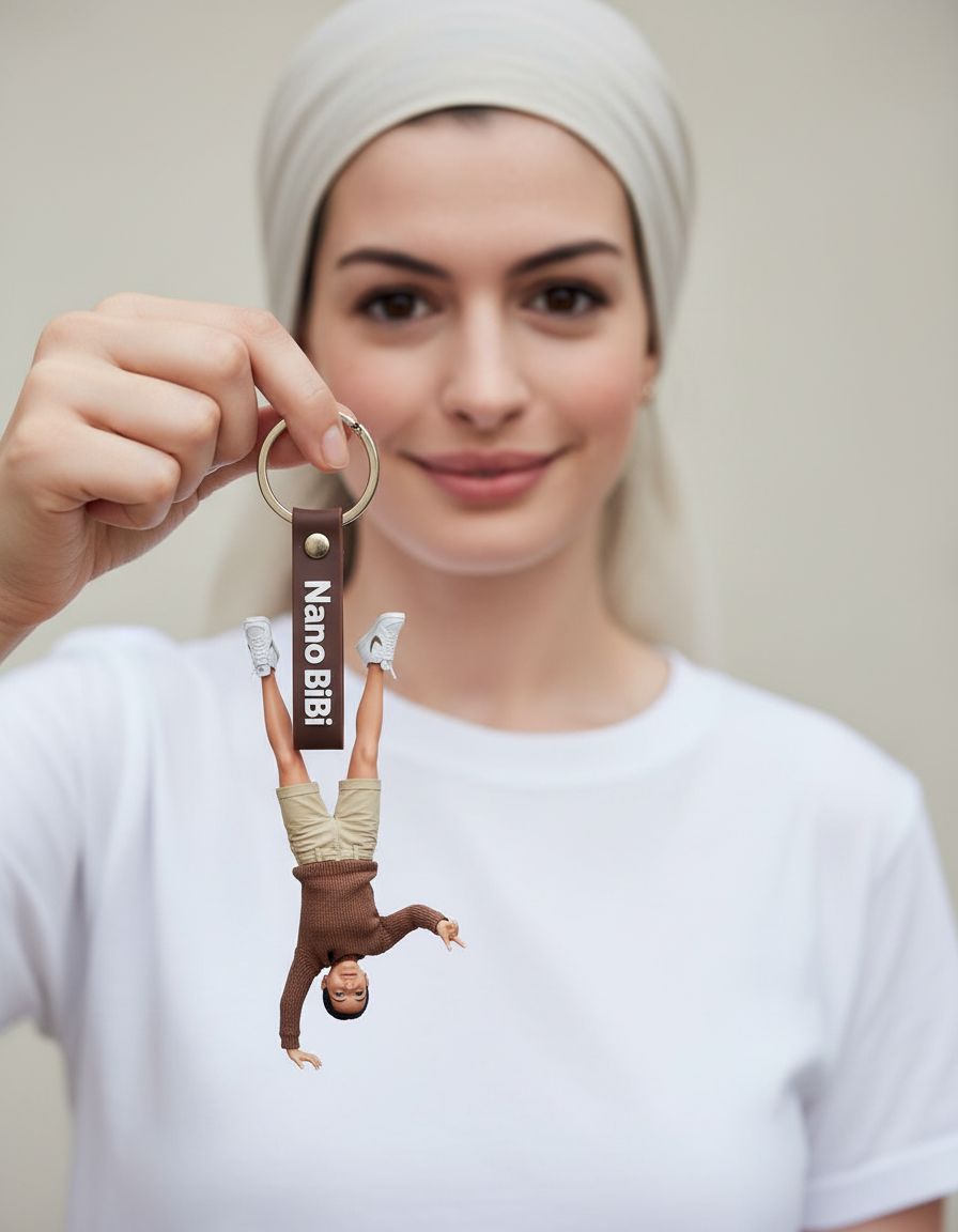 A sikh woman ( exactly matched face) holds a keychain in the shape of a miniature of herself. The miniature is very realistic, wearing a brown sweater, beige shorts, and white Nike shoes.  The miniature stands on its palms, raising its right hand in a peace sign pose. The keychain is brown with the word 'Nano BiBi' written in white. The background is blurred with a smiling real woman wearing the same white t-shirt, so the miniature looks identical to her.
