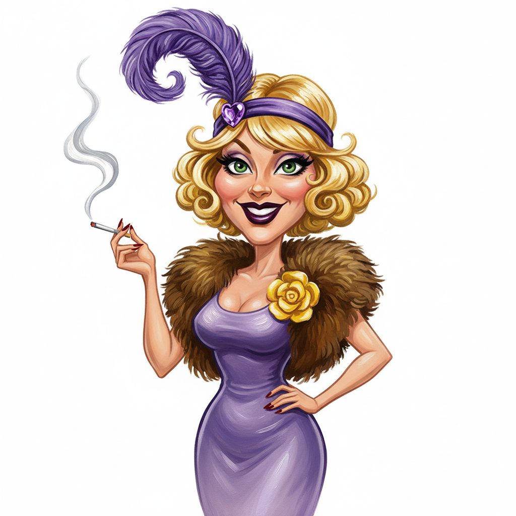 cute caricature A glamorous woman with blonde, shoulder-length, curly hair wearing a purple headband with a large purple feather and heart-shaped embellishment. She has striking green eyes, striking makeup with dark lipstick and a confident expression. She wears a deep-thinking, sleeveless, figure-hugging purple dress with a gradient effect from dark to light purple and subtle shine. As accessories, she wears a large yellow flower brooch and a luxurious, fluffy brown fur stole over her shoulders. In her right hand she holds a lit cigarette from which smoke rises, and her left hand is placed on her hip. oil painting, white background