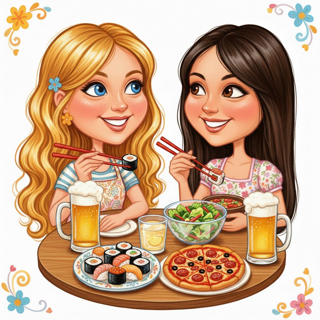 cute caricature glossy acrylic oil, mary engelbreit, full body view, cheerful illustration of two young women enjoying a casual meal together. The first woman has long, wavy blonde hair and bright blue eyes, playfully holds a piece of sushi with chopsticks in her hand and has a joyful and committed expression on her face. The second woman, with long, straight dark hair and warm brown eyes, sits smiling next to her, holding her chopsticks, ready to taste her food. The table is set with a variety of delicious dishes: a platter of various sushi rolls, a large pizza with pepperoni and black olives, and a fresh green salad in a bowl. There are two tall glasses of beer with foam on top, along with a smaller glass of a light drink, possibly a lemonade or iced tea. oil painting, white background