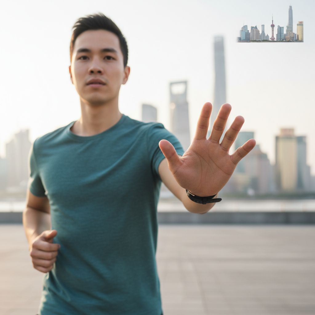 画面右上方的建筑换成隐约可见的上海地标建筑，远景呈现，明亮柔和的光线，人物向前的手五指合并打开（正常跑步手势），其他保持画面一致性不变，原尺寸输出