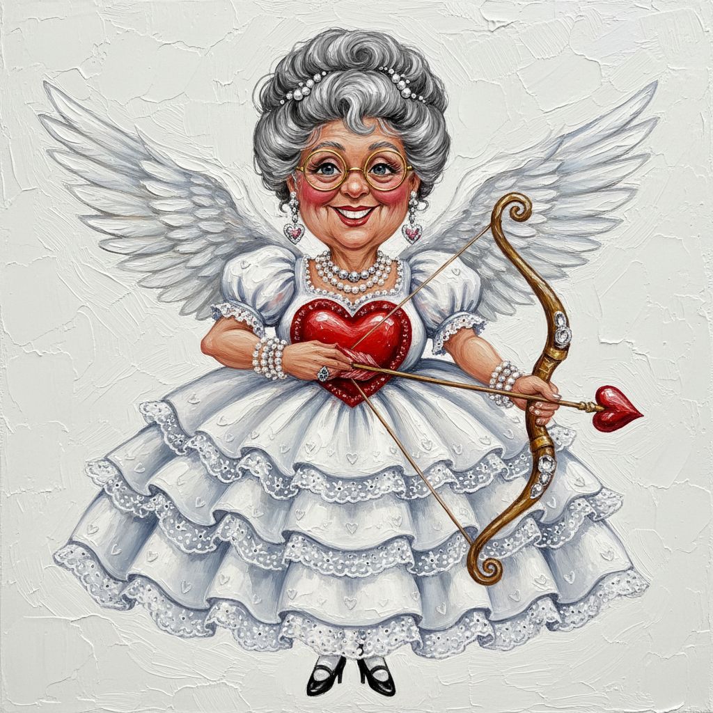 cute caricature glossy acrylic oil, mary engelbreit, full body view, Create a digital painting of a whimsical Cupid figure resembling an older woman. The figure is depicted with a playful expression, large, expressive eyes behind round glasses and a voluminous grey updo. She is adorned with feathered white wings, a white ruffled dress, and a selection of sparkling jewelry such as earrings, necklaces, and bracelets. Attached to the front of her dress is a distinctive red heart. She holds a bow and arrow in her hand and is ready as if she wants to shoot. Rendering in Native 4K. oil painting, white background