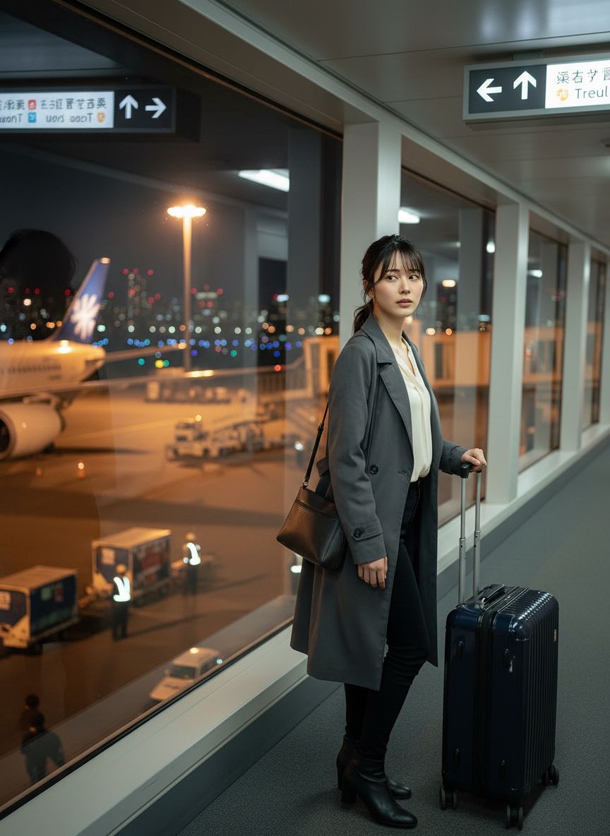 夜晚， 这个女人刚下飞机的场景