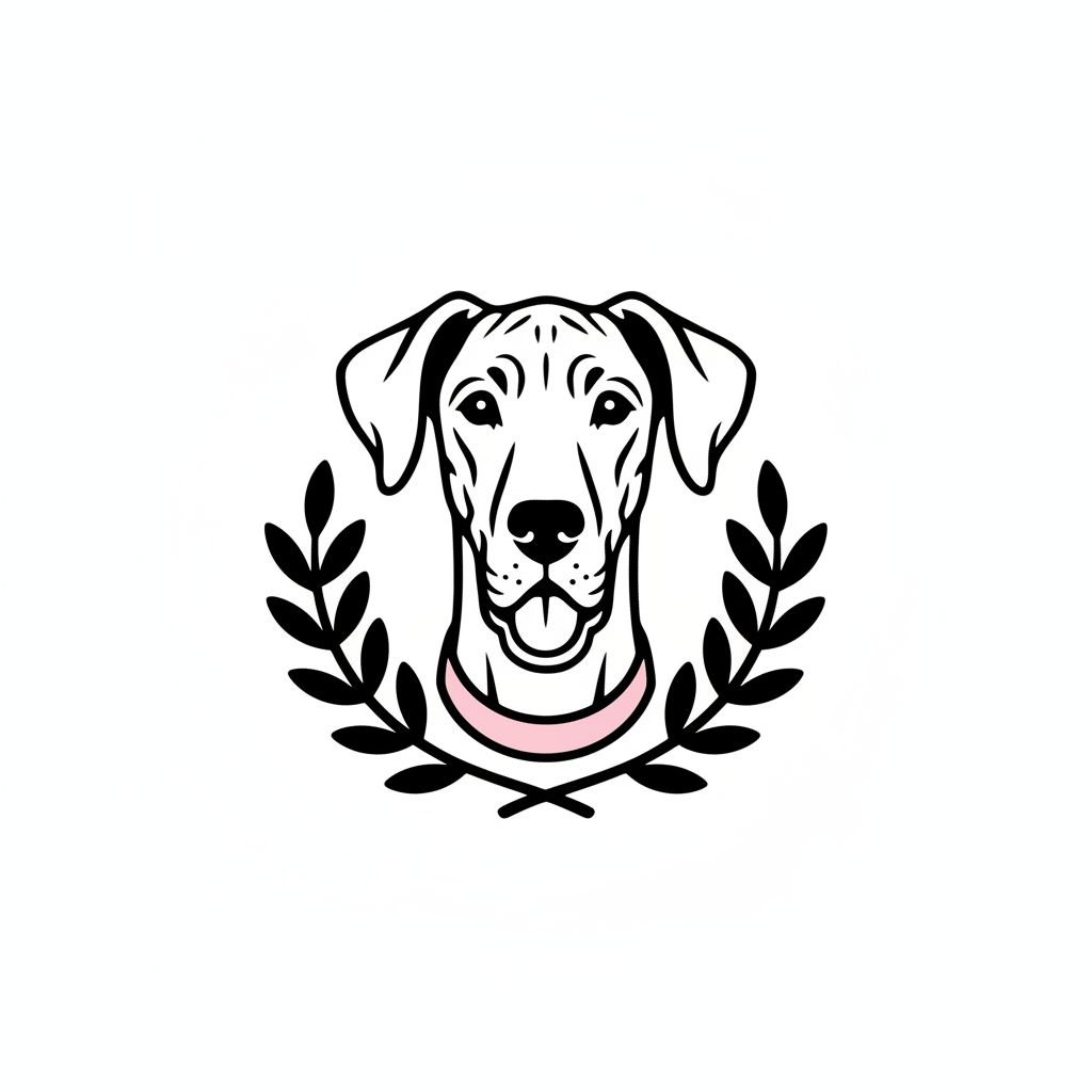 dog, black, Great Dane, younger, slender, floppy ears, pink collar, face only, mouth open slightly with tongue out a little, olive branches. Make into logo, no text