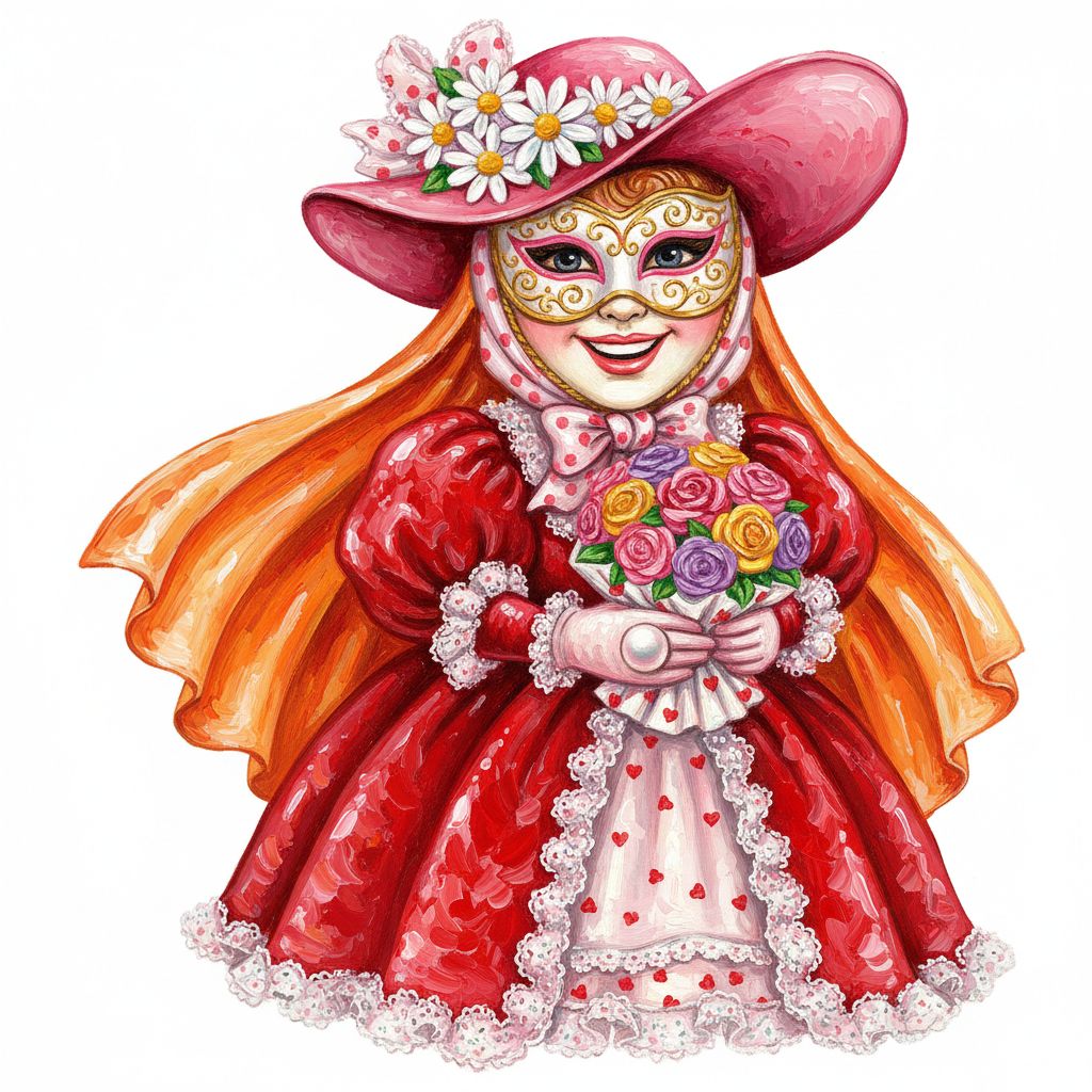 cute caricature glossy acrylic oil, mary engelbreit, full body view, A woman adorned in an elaborate Venetian carnival costume, she wears a traditional white Bauta mask with intricate gold filigree patterns, a pink wide-brimmed hat, and a matching pink headscarf. She wears a rich red dress with white lace details and a flowing orange veil draped over her arm. Her gloved left hand shows a pearl ring and she holds a bouquet of pink, yellow and purple roses wrapped in white fabric...Rendering in Native 4K. oil painting, white background