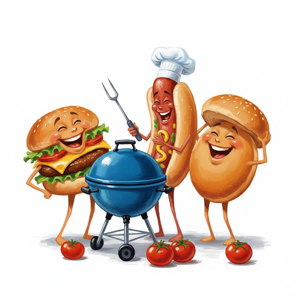 funny caricature Cartoon illustration shows three foods: a smiling cheeseburger with sesame seeds, a hot dog with mustard, and a burger. They stand around a blue, round grill with a lid, on which is a fork held by the hot dog. The cheeseburger and hamburger bun laugh while the hot dog grills the food. Tomatoes are in the foreground. . oil painting. white background