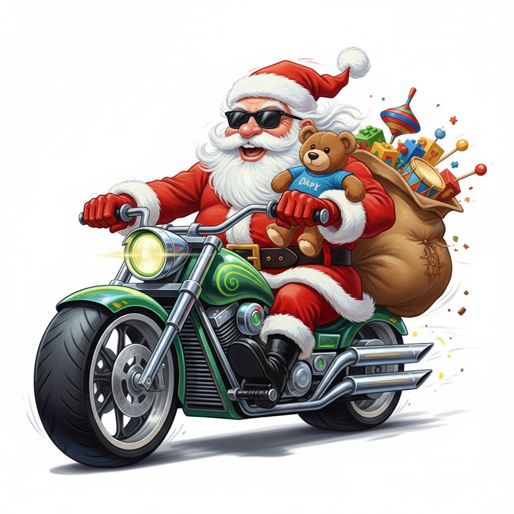 funny caricature Santa Claus on a motorcycle. Santa Claus wears his traditional red suit and hat, complete with white fur trim. He has a long, flowing white beard and wears dark sunglasses. In his left arm he holds a brown teddy bear in a blue shirt. The motorcycle is sleek and modern, with shiny chrome details and green accents that accentuate its bold design. The composition was intended to show Santa Claus from the front, with his arms confidently clutching the handlebars and his boots prominently displayed. Add a large animated bag of toys draped over the back of the motorcycle to enhance the festive theme. Use bright colors and smooth lines,. oil painting, white background
