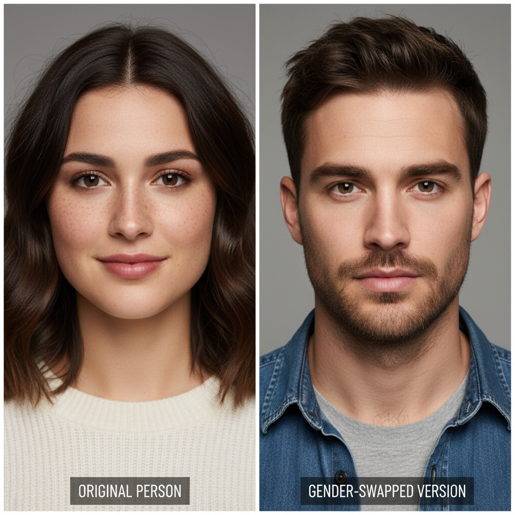 Visualize a gender swap transformation while preserving core facial structure and identity. Ideal for curiosity-driven exploration and creative portraits.