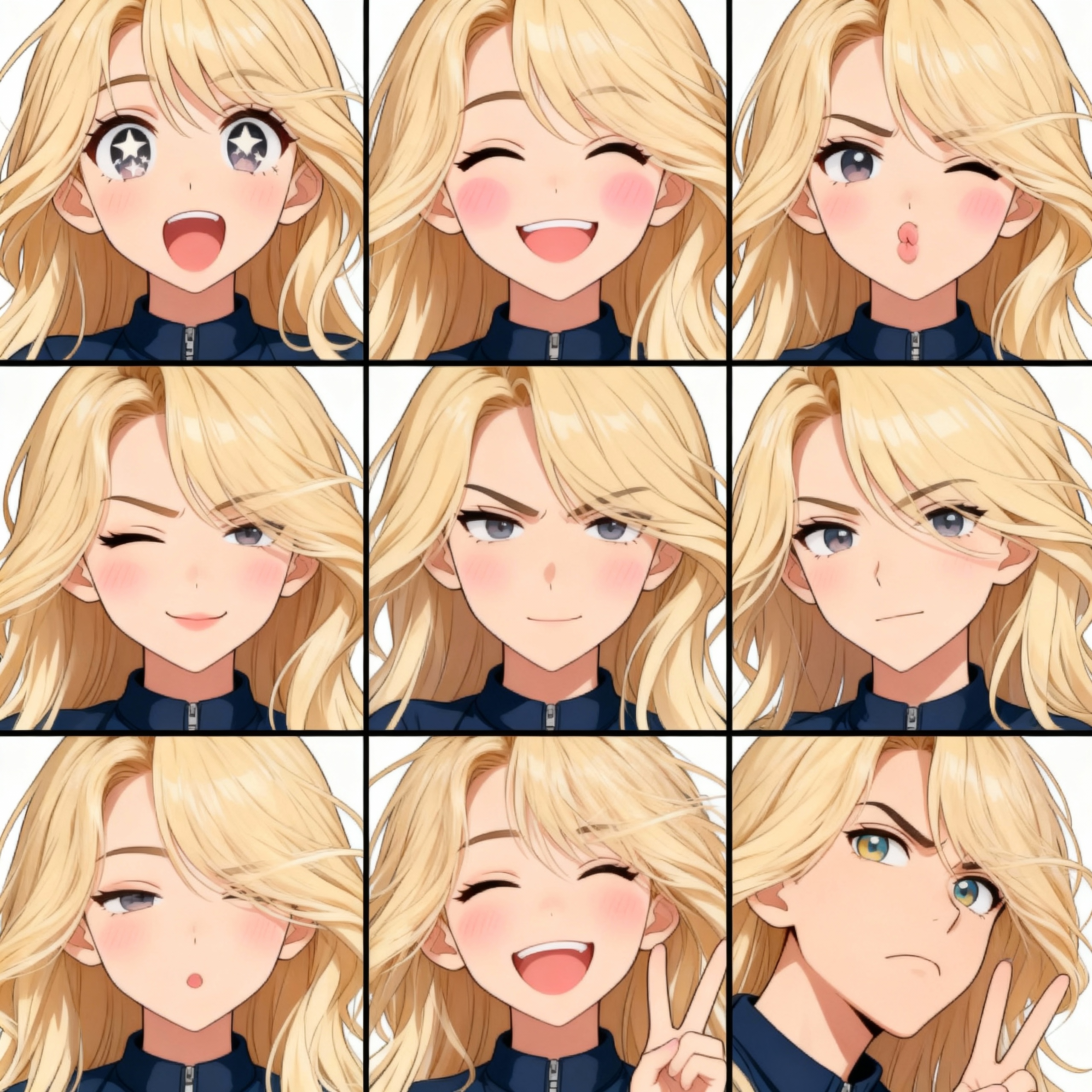 Create a complete set of anime-style emoticons with varied expressions and poses, perfect for messaging apps and communities.