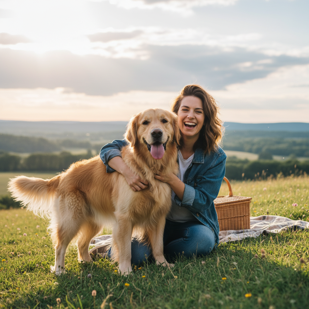 Generate an emotional and artistic scene showing the deep bond between a pet and its owner in a beautiful natural environment.