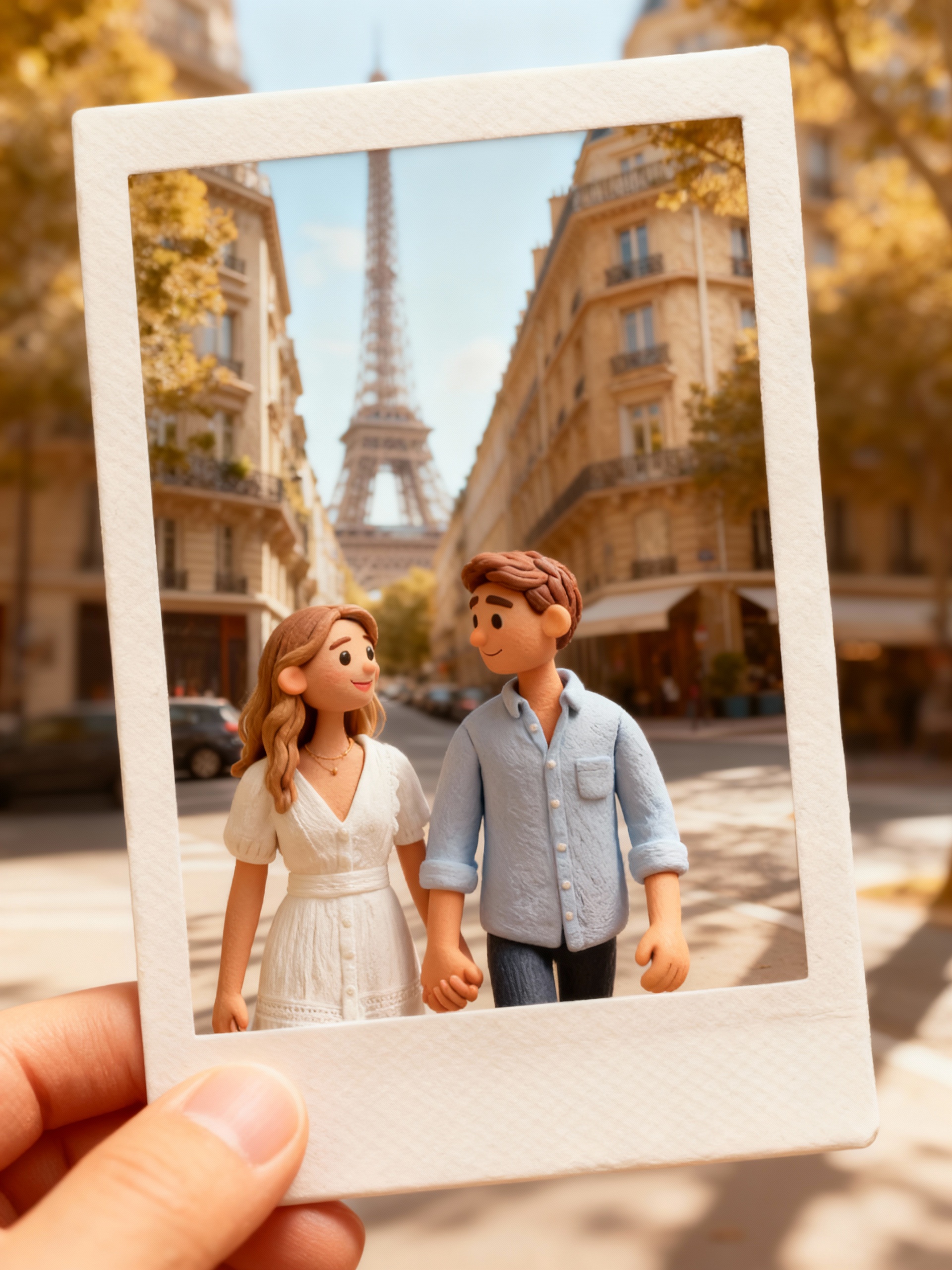 Turn photos into cute clay-style characters displayed inside a Polaroid frame for a playful and collectible aesthetic.