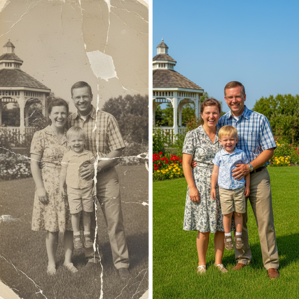 Repair damages and enhance quality of old family photos, bringing cherished memories back to life with improved clarity.
