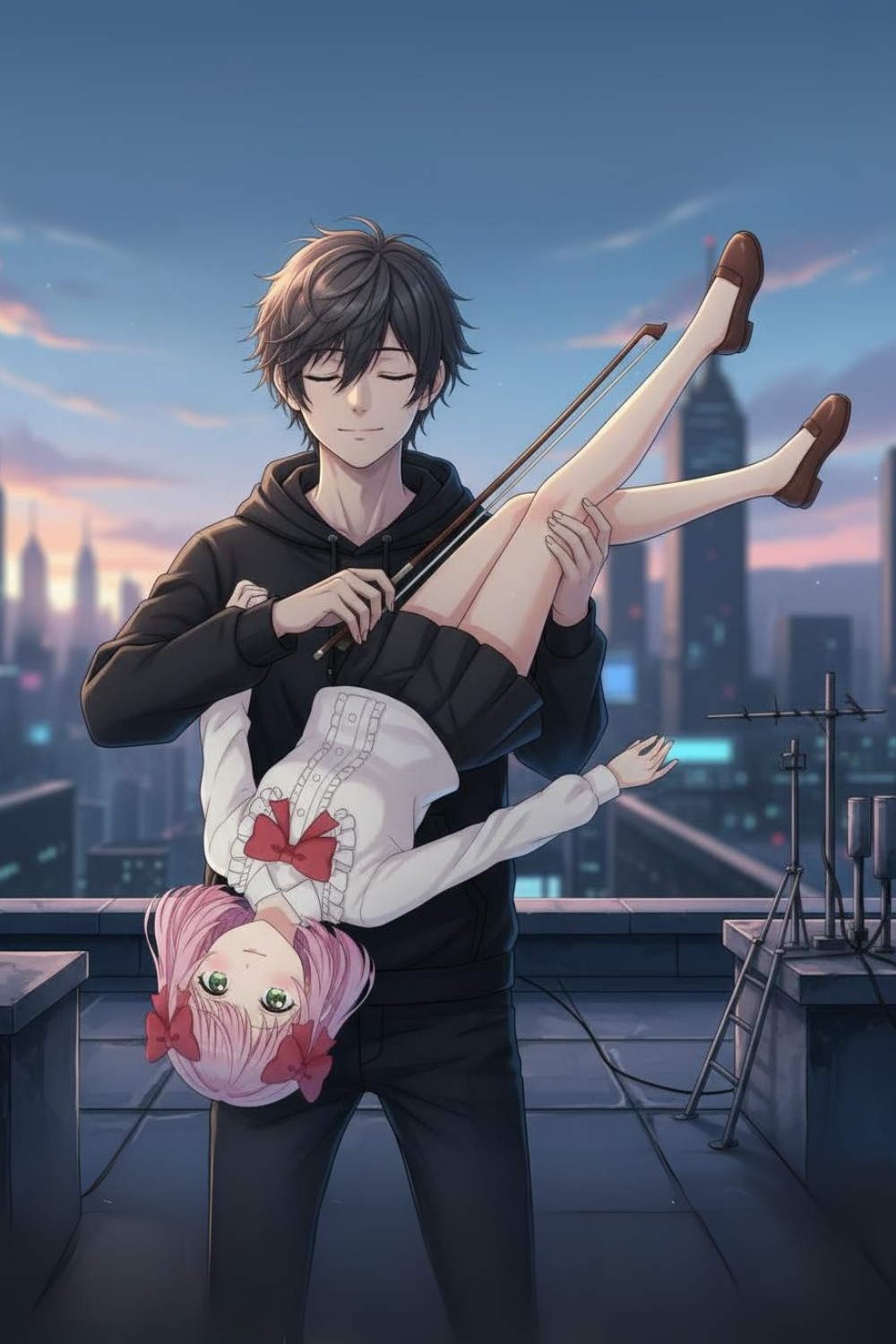 Compose a dramatic and symbolic scene where characters interact in a violin-playing pose atop a city skyline, following precise posture references for artistic storytelling.
