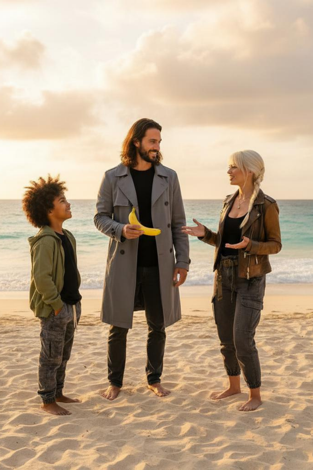 Compose a lively seaside gathering where friends chat and laugh together, with a playful focus on a shared object.