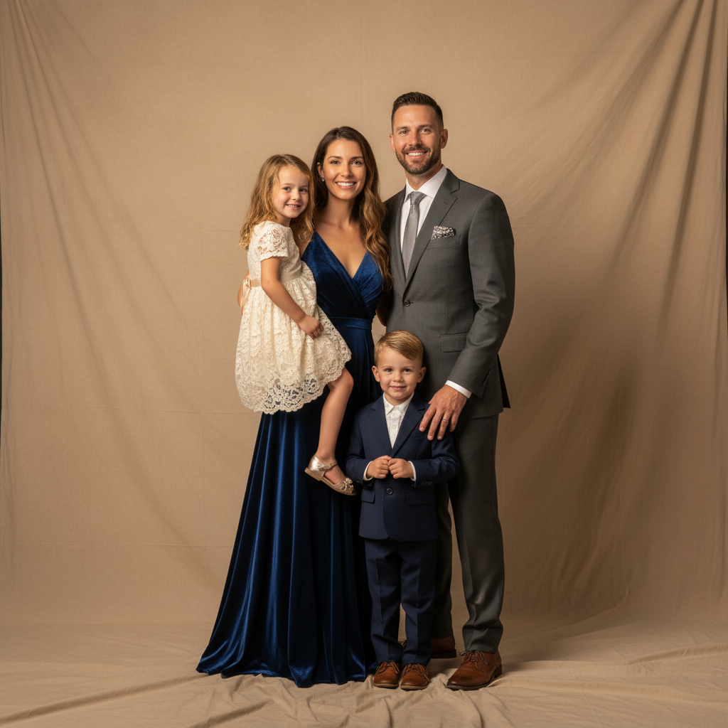 Generate a professional family portrait with elegant styling and studio lighting. Perfect for capturing warm, harmonious family moments in a refined visual style.