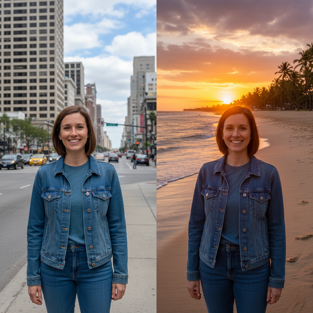 Swap photo backgrounds seamlessly while keeping the subject unchanged. Lighting and shadows are automatically adjusted for realism.