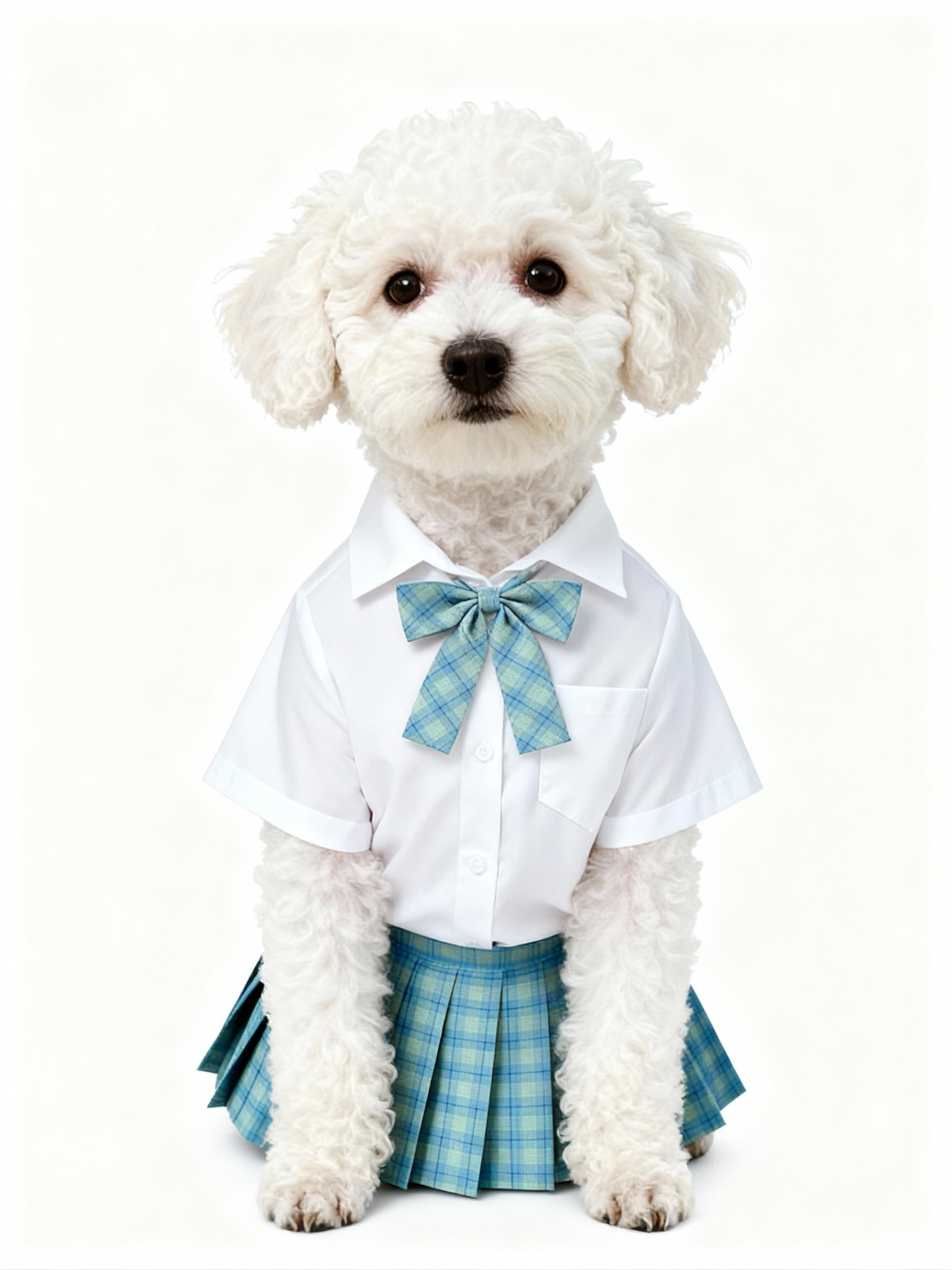 Generate a clean, passport-style pet portrait with proper pose, outfit, and white background. Ideal for IDs, profiles, and official-looking pet photos.