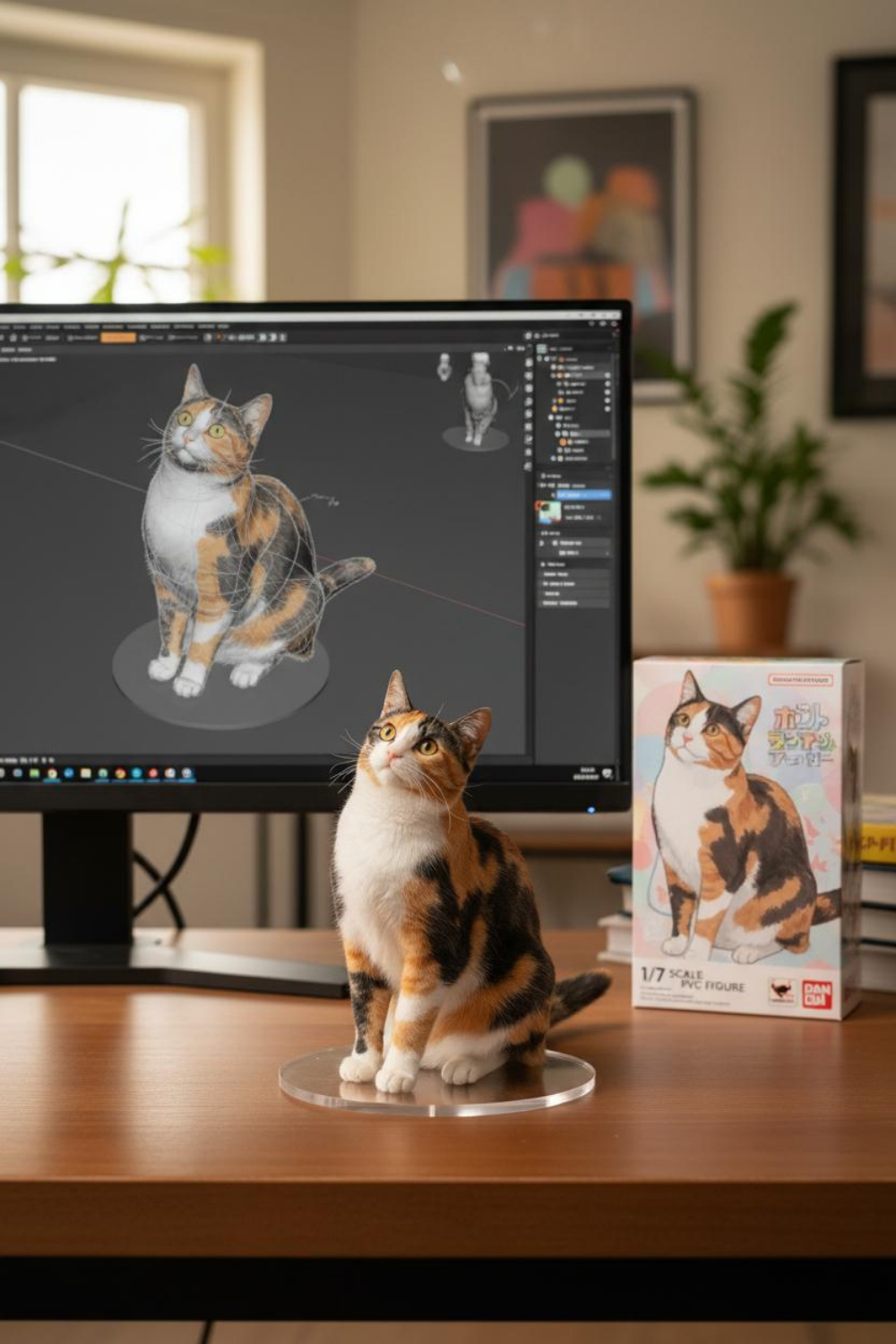 Create a professional figurine display scene featuring a detailed PVC model, digital sculpting software, and branded packaging for collectors and designers.