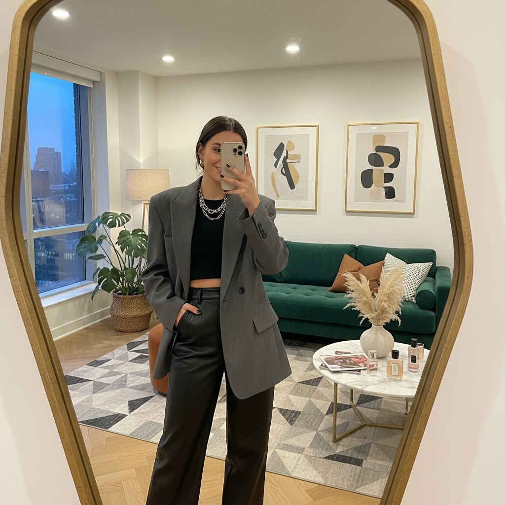 Generate mirror selfie visuals with realistic reflections and trendy room settings for social media-ready photos.