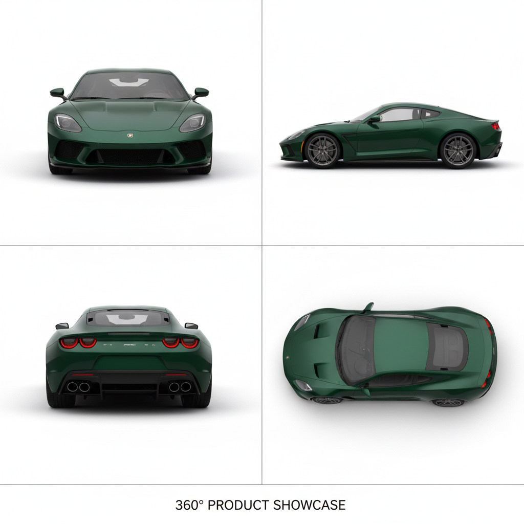 Generate a full 360-degree product presentation showing multiple angles with clean studio lighting, perfect for detailed product inspection.