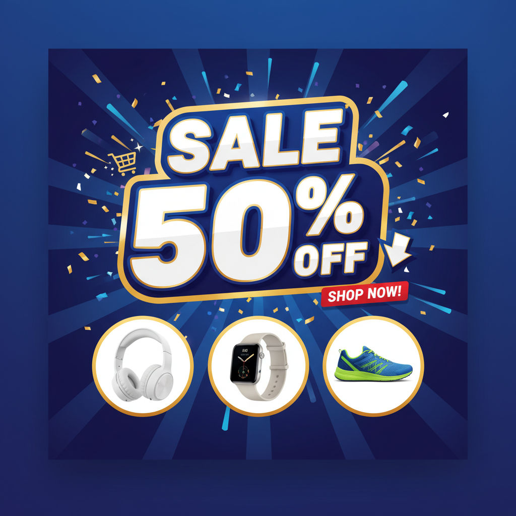 Create eye-catching promotional banners with bold text and vibrant visuals to boost sales and conversions.