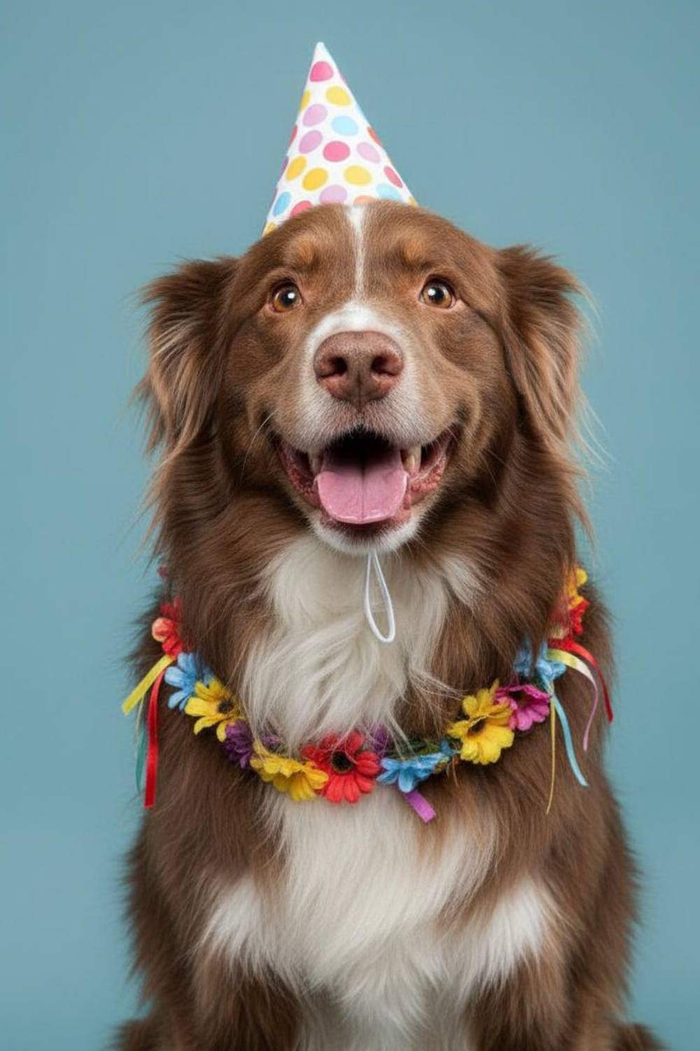 Generate an adorable birthday portrait of a dog wearing festive accessories and looking directly at the camera, perfect for celebrations and sharing.