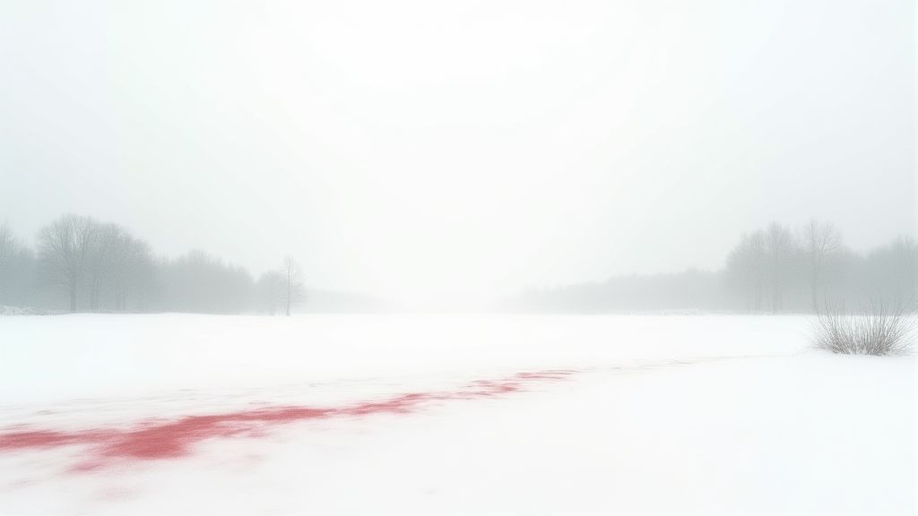minimalist snowy landscape, vast white snowfield, cinematic composition, soft diffused light, foggy atmosphere, muted tones, watercolor and ink wash texture, subtle grain, emotional storytelling, red as the only color accent, poetic and cinematic tone.
a white snowy field with faint red stains scattered across the ground, abstract impressionist composition, subtle symbolism, evokes aftermath and melancholy, cinematic light, painterly texture --ar 9:19.5 --v 6 --q 2 --style raw --s 250